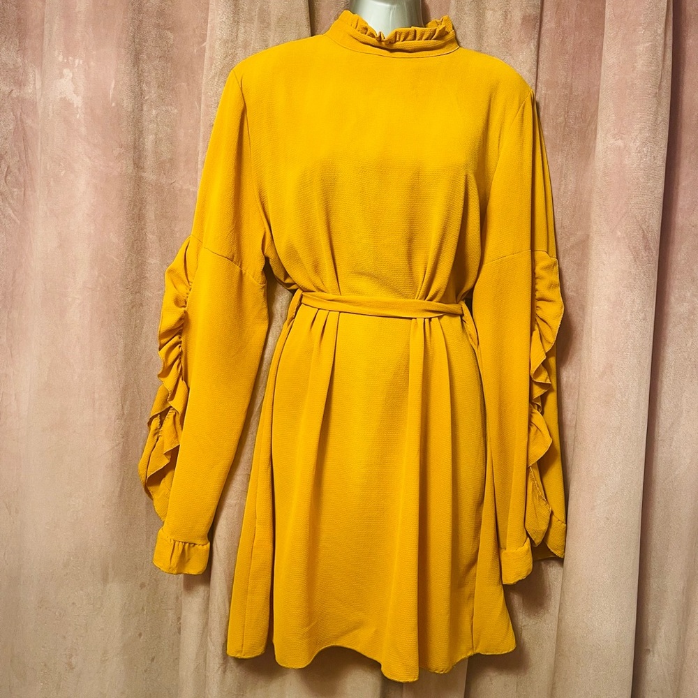 Boohoo Yellow Mini Dress with Ruffle Sleeves - Picture 6 of 7